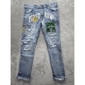 First Row Jeans Mens Measured 36x31 Blue Skinny Slim Distressed Patch Paint